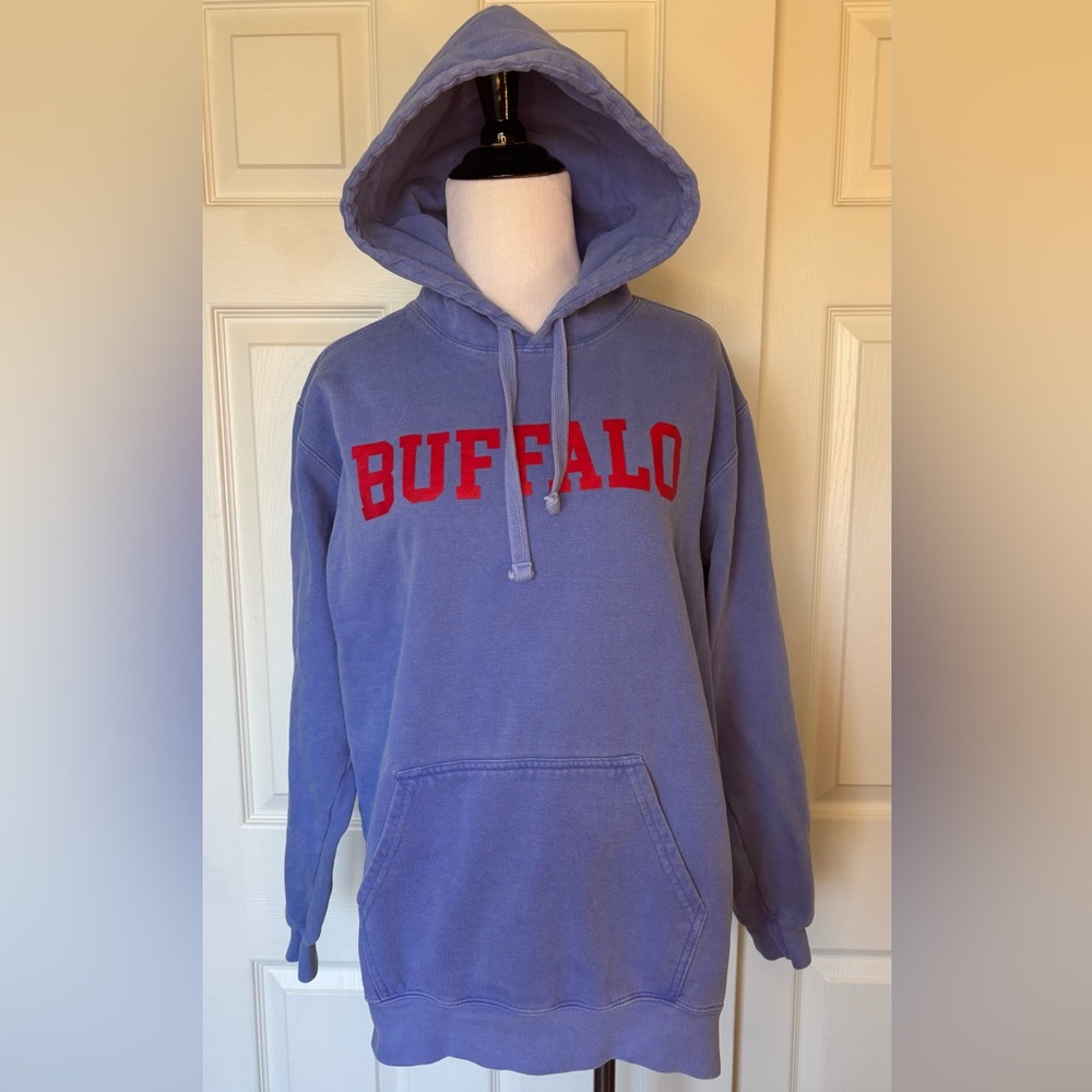 Comfort Colors Blue Unisex Pullover Hoodie with Red Buffalo Lettering